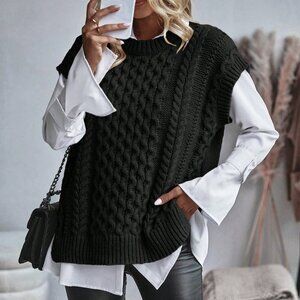 Black Casual Women's Cable Knitted Sleeveless Sweater Vest